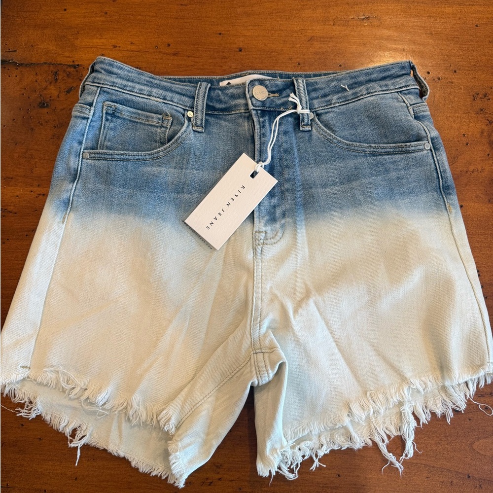 High-Rise Ombre Dip-Dye Jean Shorts by Risen Jeans  - Blue/White NWT